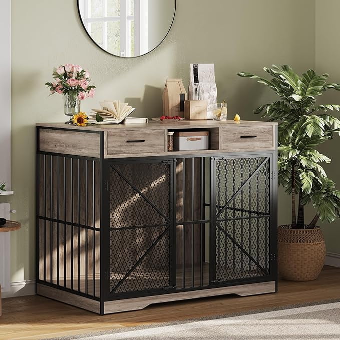 44" Large Dog Crate Furniture, Wooden Heavy Duty Dog Kennel Indoor End Table with Storage Drawers,Metal XL Dog Cage for Large/Medium Dogs, Brown & Black