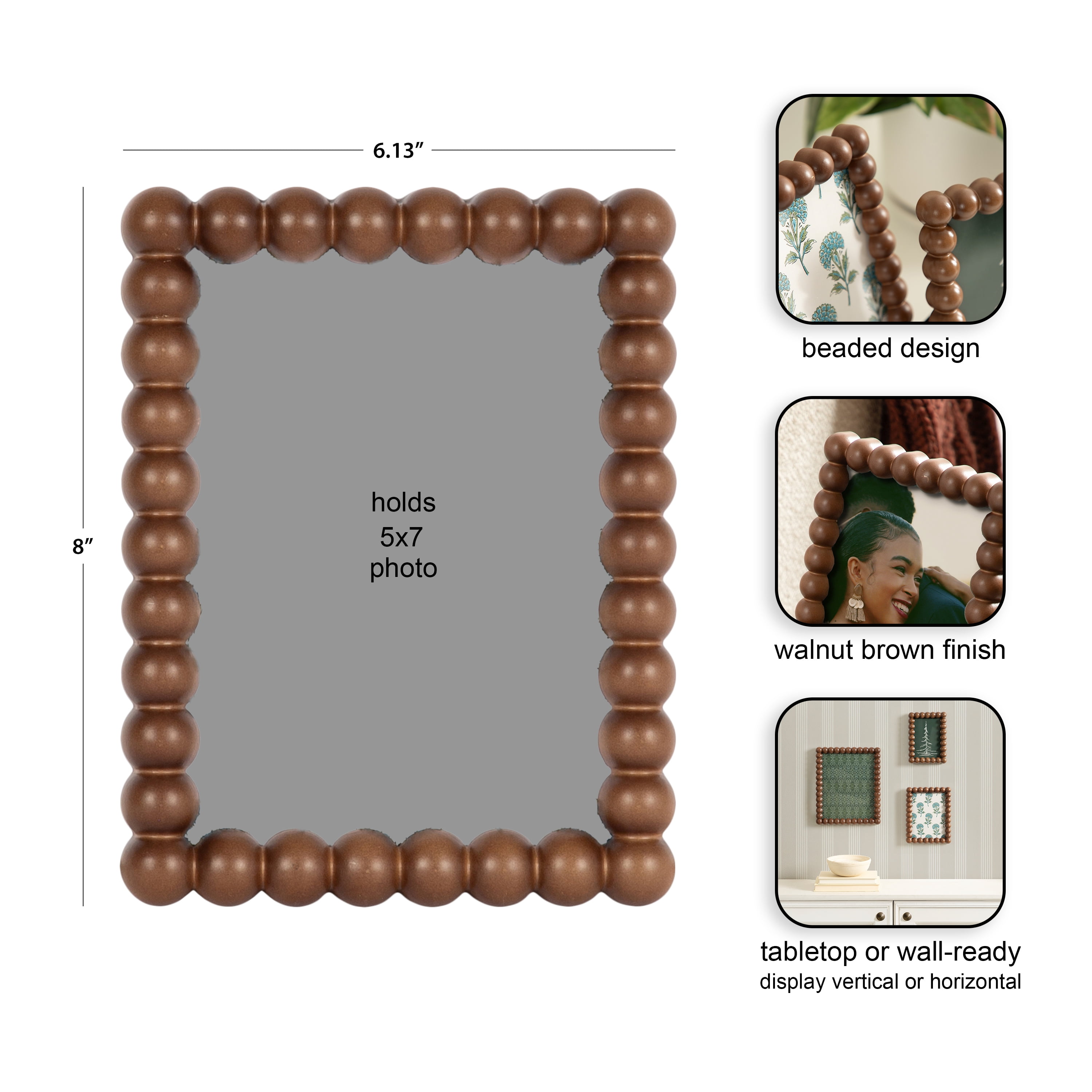 DesignOvation – 5x7 Picture Frame – Beaded Medium Walnut Tabletop Photo Frame