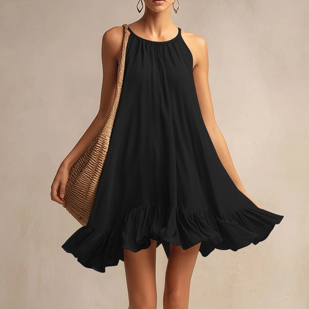 Makaor Tank Dress for Women Summer A Line Peplum Mini Dresses Plus Size Sleeveless Spaghetti Strap Dress Solid Crew Neck Beach Vacation Clothes Black