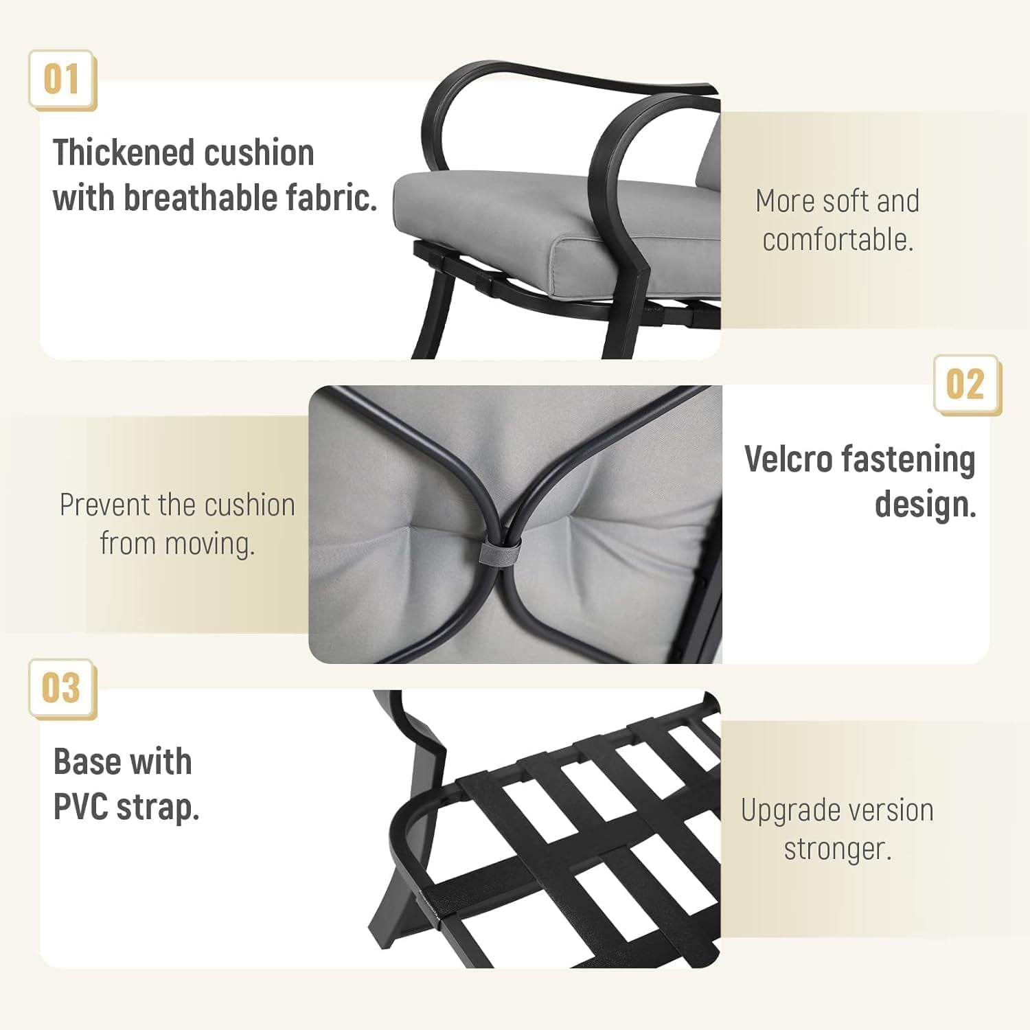 SUNCROWN 3-Piece Outdoor Patio Bistro Set Black Metal Rocking Chairs and Table with Gray Cushions