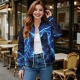 thumbnail image 2 of COEQINE Womens Bomber Jacket Coat Full Zip Stand Collar Casual Jackets with Pockets, Long Sleeve Cropped Fashion Coat Y2k Outerwear Dressy Fall Outfits, Large, Blue Wolf Lightning, 2 of 7