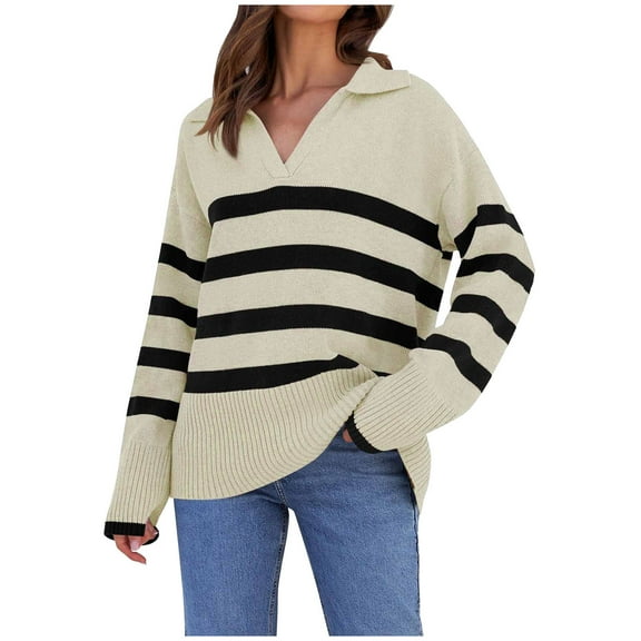 XFLWAM Women's Fall Winter Sweaters Lapel V Neck Long Sleeve Striped Chunky Knit Oversized Pullover Sweater Jumper Tops Beige XXL