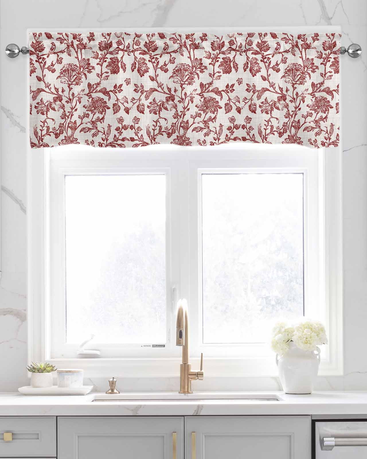 Farmhouse Red Kitchen Valances for Windows Farmhouse Linen Window Valance Curtain for Living Room Window Treatment Vintage Flower Leaf Botanical Plant Valance Rod Pocket Topper Drape, 42 x 18 Inch