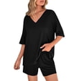 thumbnail image 4 of Women's 2 Piece Summer Outfit Set, Casual Oversized V Neck T-Shirt & High Waisted Biker Shorts, Lounge Wear Shorts Set, Workout Yoga Clothes Black L, 4 of 7