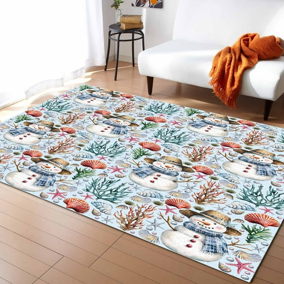 Area Rugs Indoor Non-Slip Rectangle Rug 2x3 Ft Christmas Ocean Snowman Shell Coral Light Blue Rug Rubber Backing Floor Mats Non Shedding Home Decor Carpet for Entryway Living Room