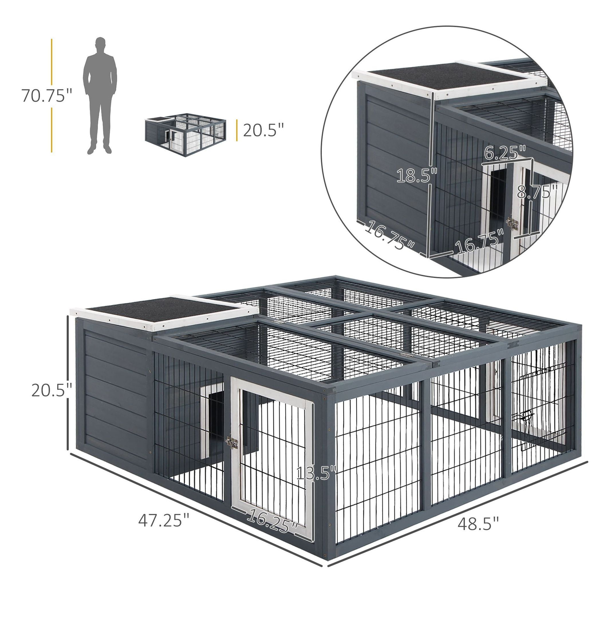 Bunny Hutch Rabbit Cage with Openable Main House, Durable Waterproof Pet House for Rabbits Guinea Pigs, Three Ventilation Doors Design, Gray