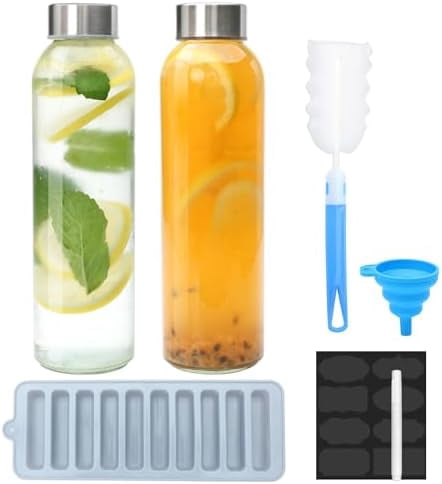 WLIKKS Glass Juice Bottle with Lids,16oz Juicing Bottles Reusable, Clear Glass Water Bottles 16 oz with Stainless Steel Airtight Cap,Juice Beverage Container, Leak Proof，Set of 2