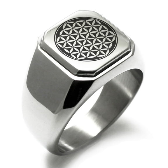 Stainless Steel Flower of Life Engraved Square Flat Top Biker Style Polished Signet Ring