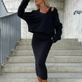 thumbnail image 2 of Trendy Cold Shoulder V Neck Hooded Crop Sweatshirts and High Waist Midi Skirt 2 Piece Fall Sets Solid 2PC Fall Outfits Women, 2 of 7