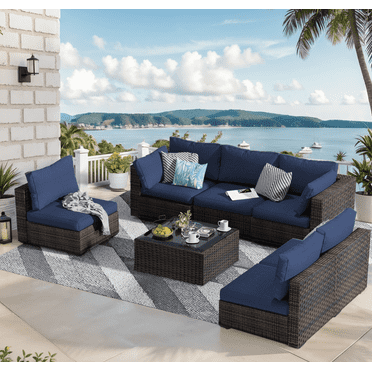 Gaildon 7 Patio Outdoor Furniture Wicker Sectional Sofa Couch Lawn Sectional Black Glass Table, Blue