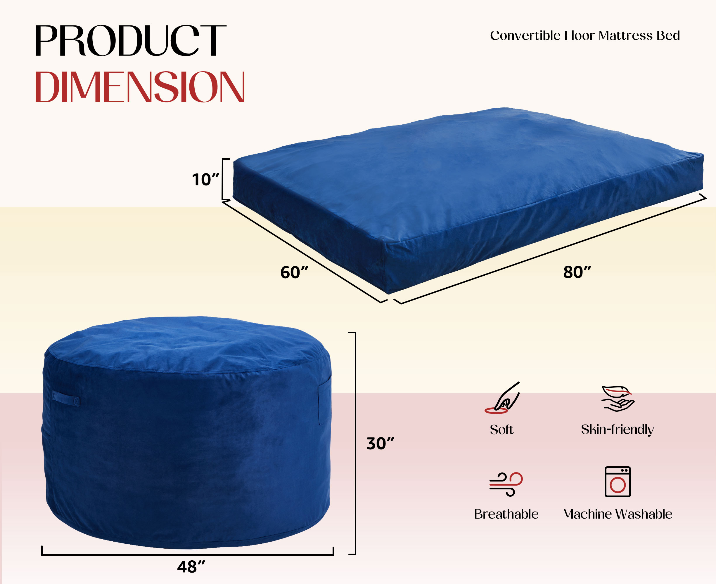 Hobestluk Bean Bag Chair 3 in 1 Beanbag Chairs for Adults, Large Bean Bags with Removable Velvet Cover, Convertible Adult Bean Bag Chair for Living Room, Bedroom, Playroom (Blue, Queen)
