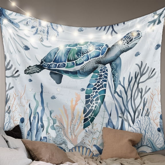 Coastal Sea Turtle Tapestry for Bedroom Wall Hanging Tapestry, Summer Ocean Coral Conch Ceiling Backdrop Tapestries Poster Blanket Wall Decor for Teens Room Living Room Dorm 59" x 90"