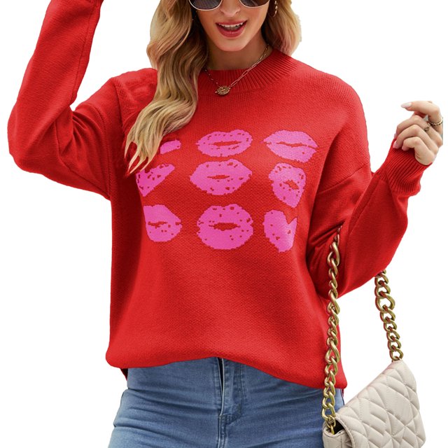 Suéter con estampado de labios rojos Cuello redondo Manga larga Puño elástico Hombro caído Suéter de mujer para invierno Rojo M