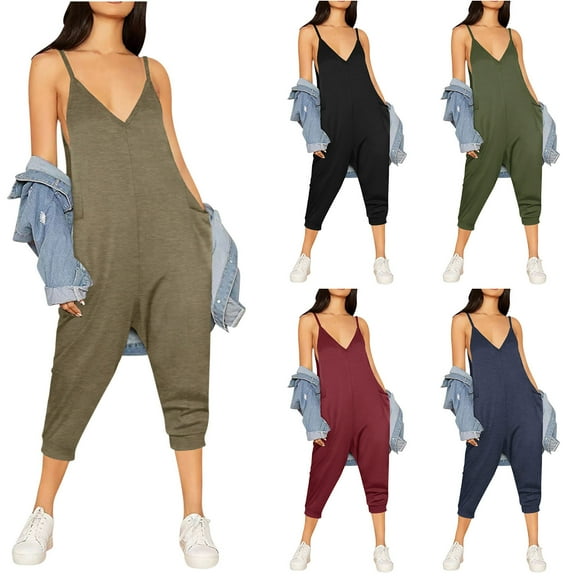 APEXFWDT Women's Deep V Neck Jumpsuit Spaghetti Strap Skinny Leg Jumpsuit Capri Loungewear Casual Sleeveless Harem Leg Romper Overall