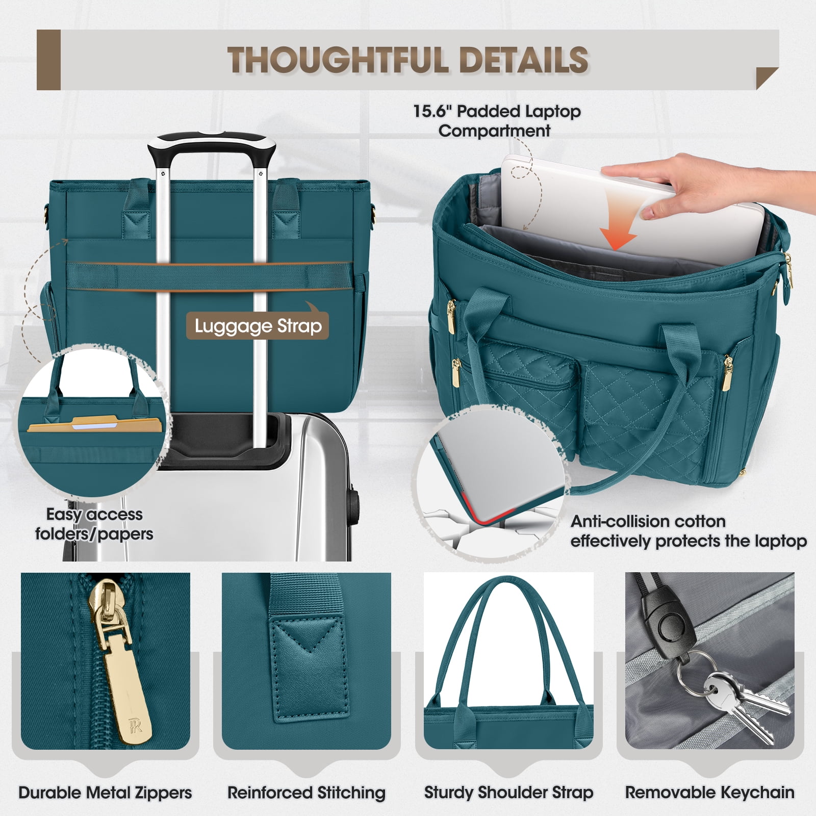 RAINSMORE Teacher Tote Bag with Insulated Lunch Compartment Lightweight 15.6 inch Laptop Bag for Women Work Bags Nurse Tote Bags,Green