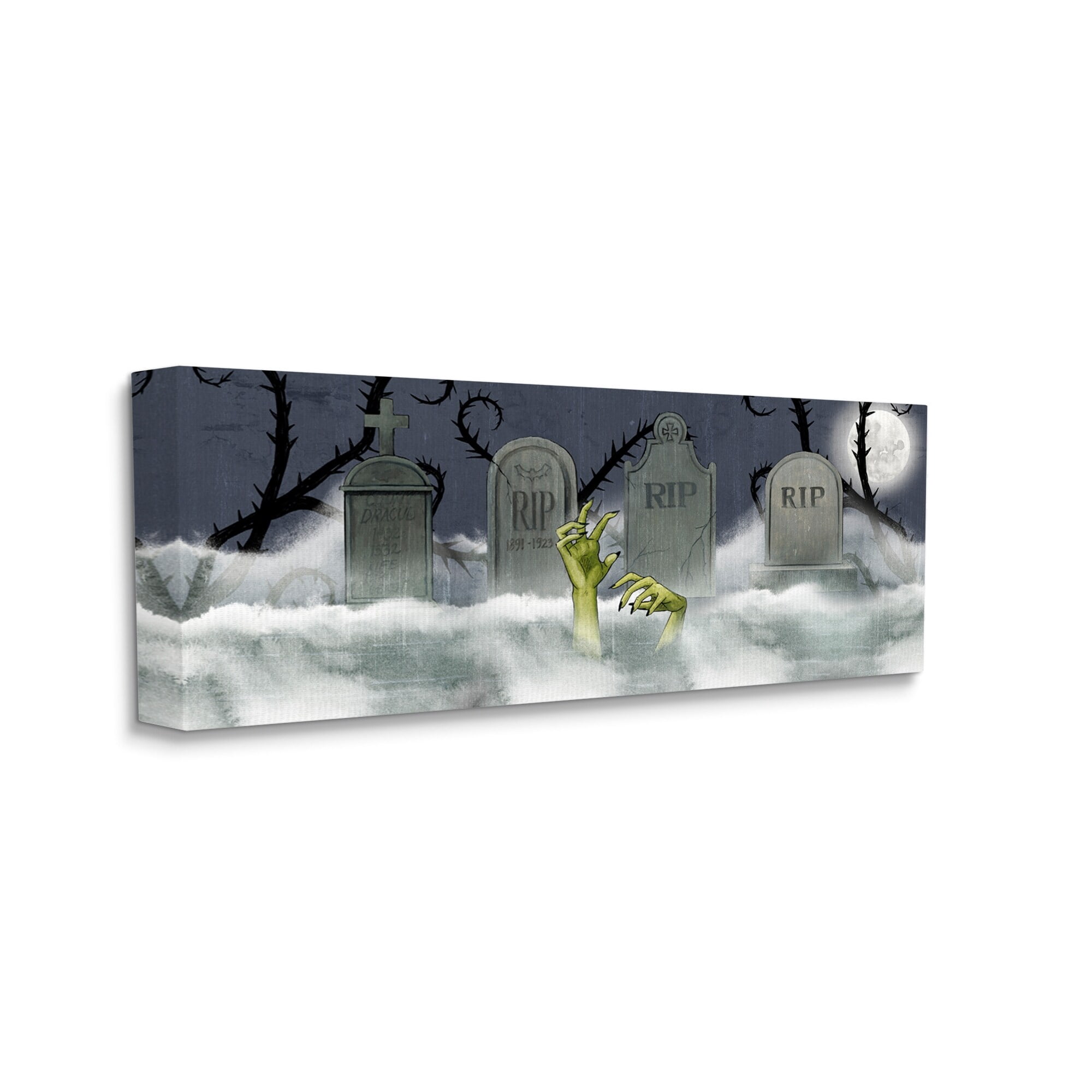 Zombie Emerging Graveyard Foggy Full Moon Night Fairy Tales & Fantasy Painting Gallery-Wrapped Canvas Print Wall Art