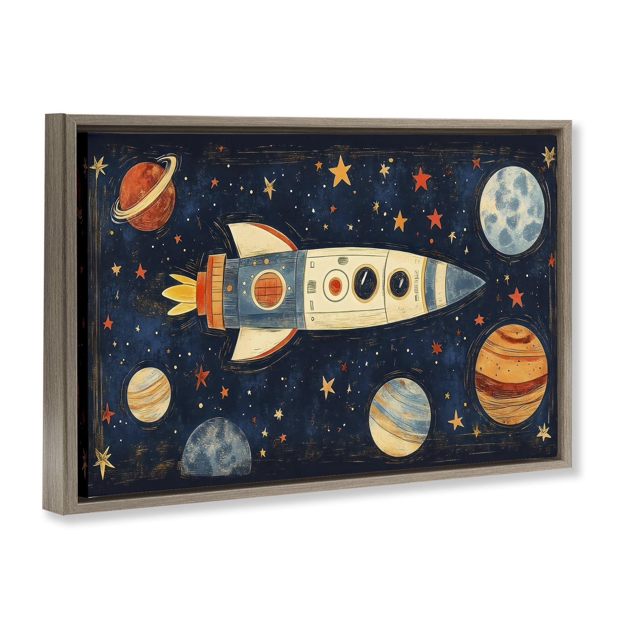 Stupell Industries Retro Rocket & Planets Brown Framed Floater Canvas Wall Art, design by Creative Studio