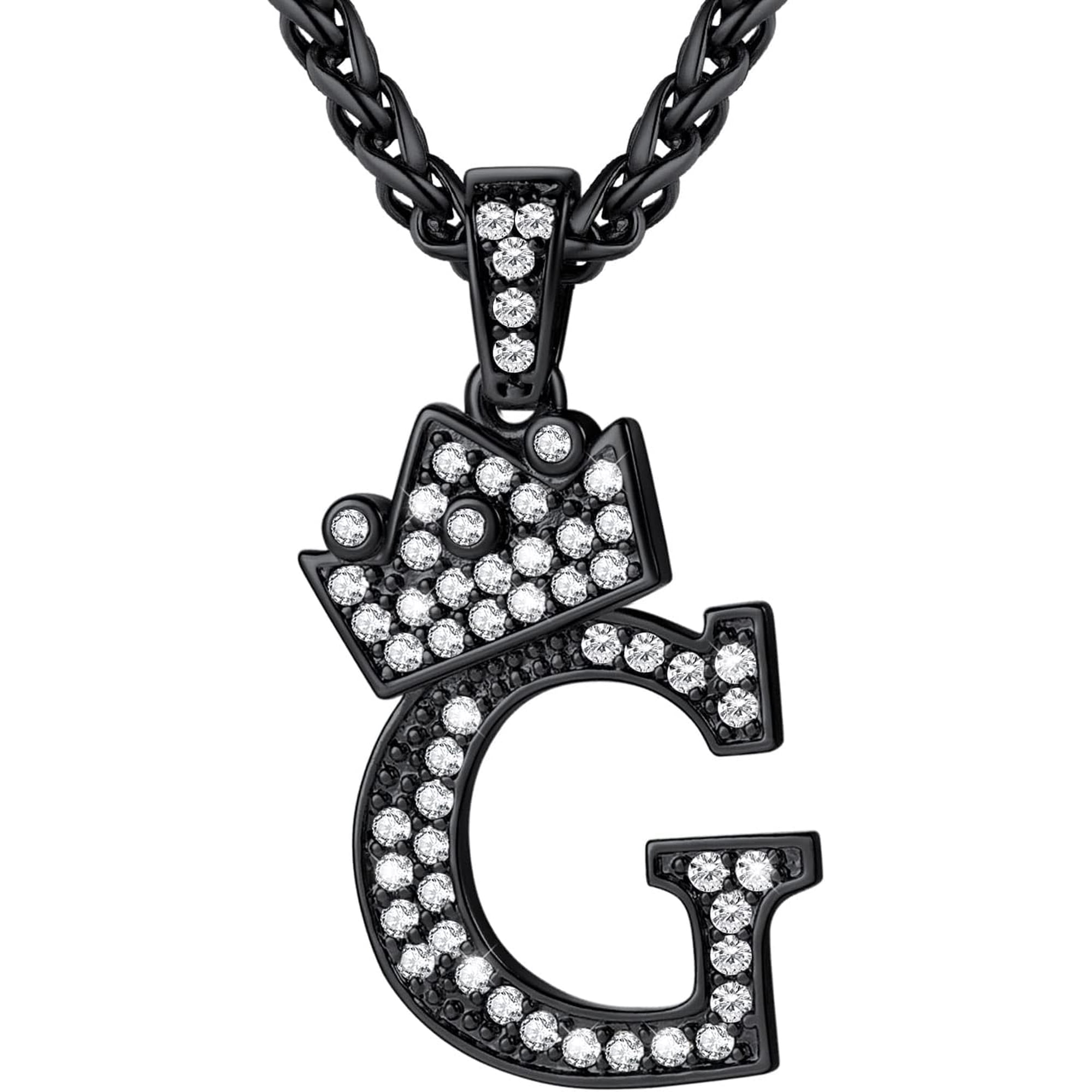 Crown Initial A-Z Necklace, Iced Out Letter Pendant With 22-24 Inch Chain, Men Women Bling Hip Hop Alphabet Name Jewelry Big Initials Necklaces Color Steel,Black,Gold[o836]
