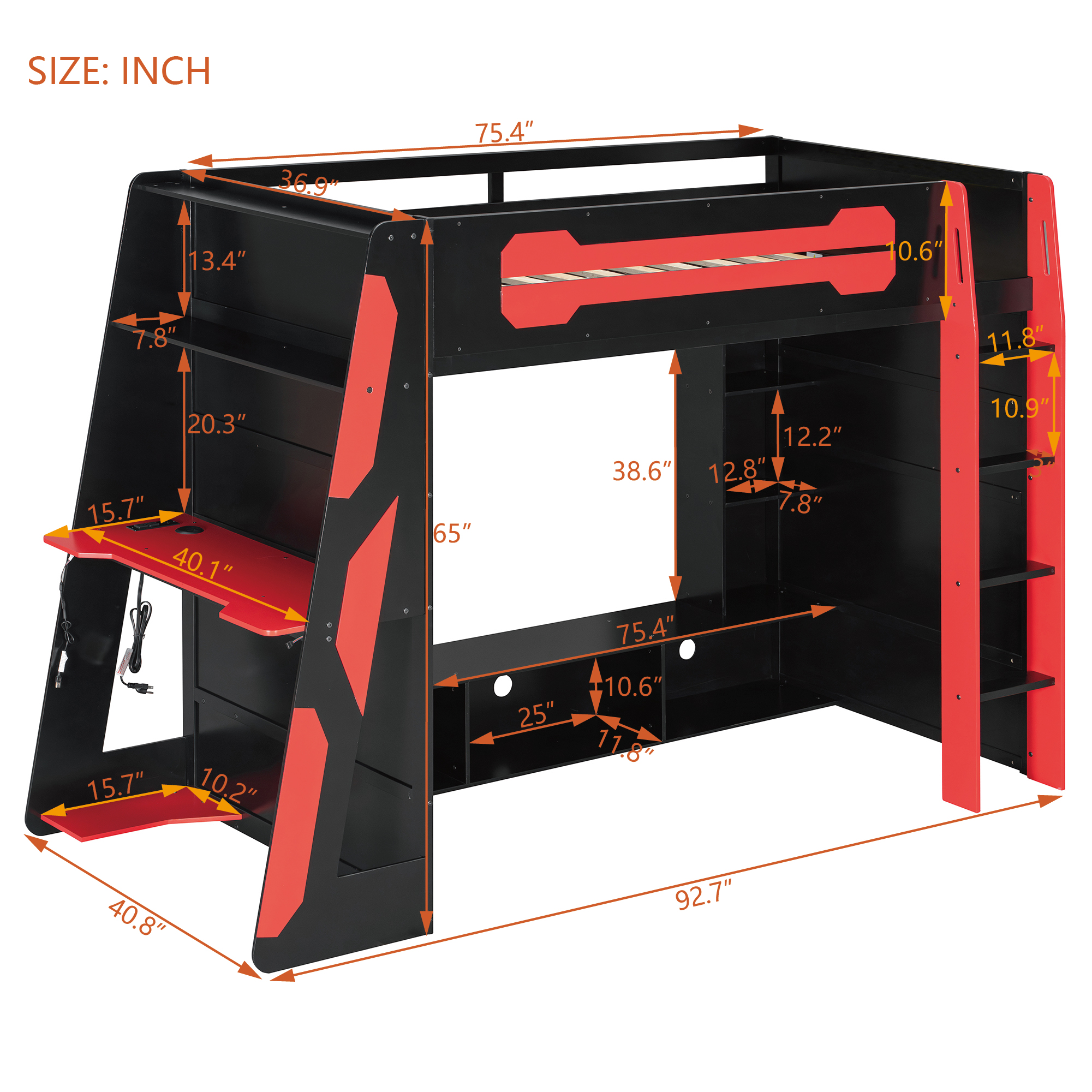 Aukfa Twin Size Gaming Loft Bed for Teens, Wood Esports Bed Frame with Desk, LED Lights, Charging Station & Storage Shelves, Red