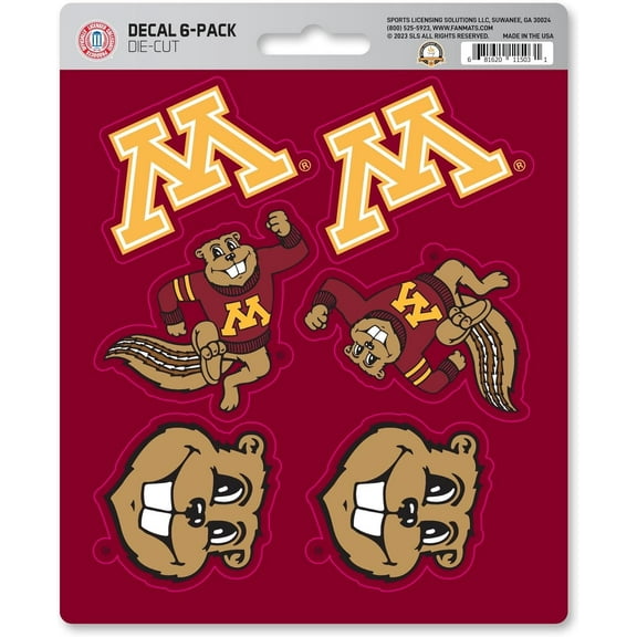 University of Minnesota Golden Gophers 6-Piece Decal Sticker Set, 5x6 Inch Sheet, Gift for football fans for any hard surfaces around home, automotive, personal items