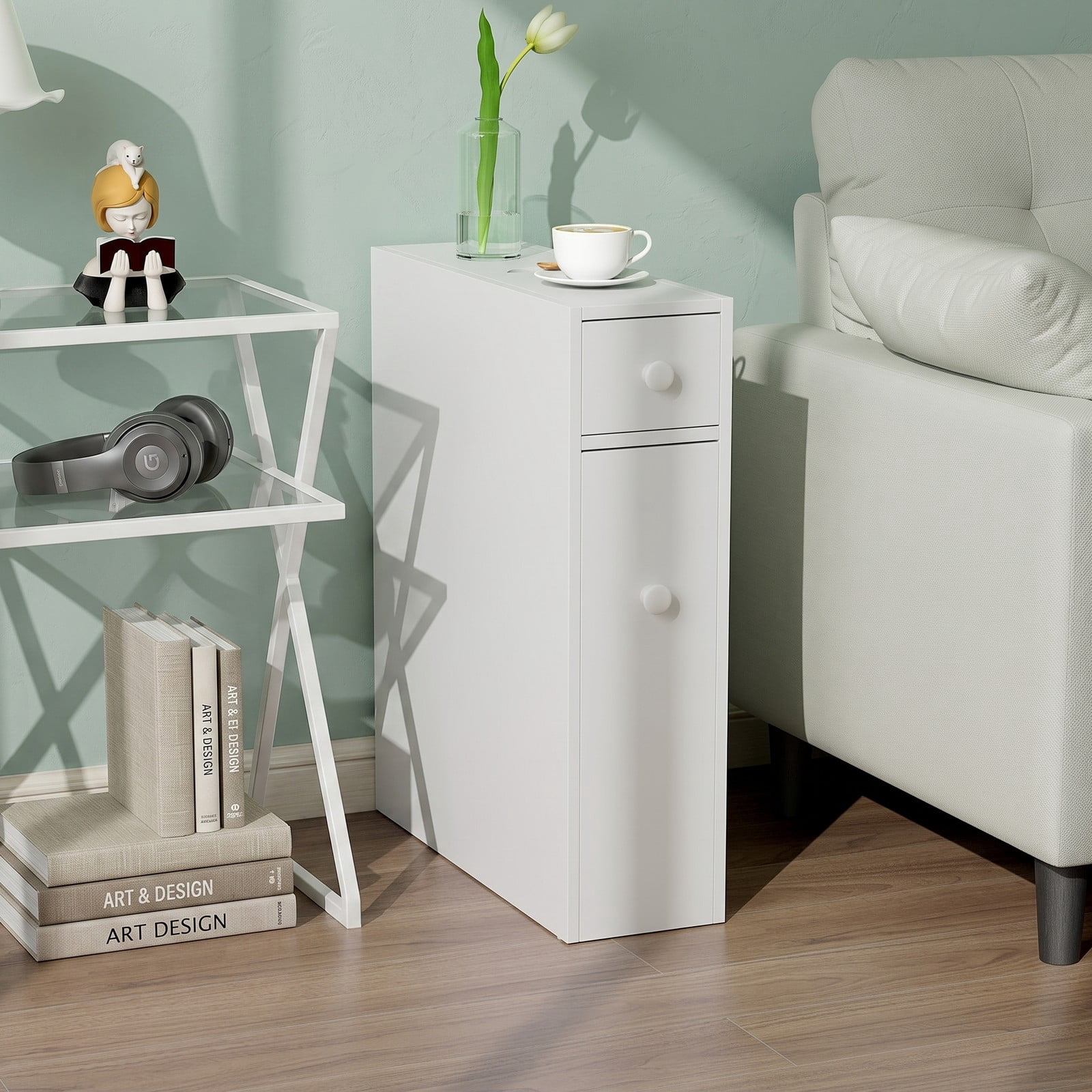 Fenbeli Slim Bathroom Floor Cabinet, Freestanding Slide-Out Space Saver Storage Organizer with Door, Narrow MDF Side Cabinet for Bathroom Living Room Kitchen, White