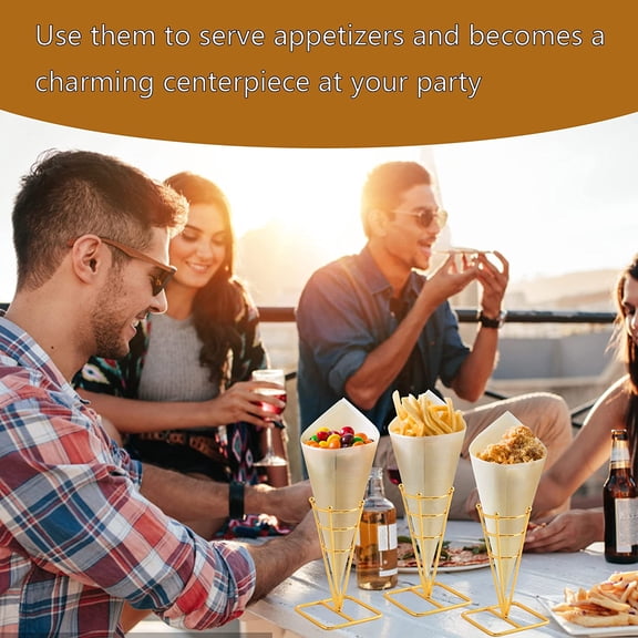 Single Metal Gold Ice Cream Cone Holder Stand, Individua Waffle Cone Holder Sushi Hand Roll Stand for Standard Size Ice Cream Cones Appetizer Charcuterie Cones, Sugar Cones, Sushi (4 Pack)