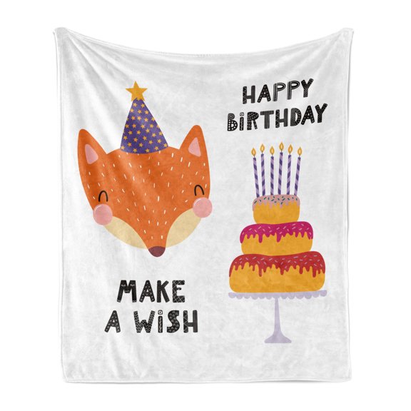 Fox Soft Flannel Fleece Throw Blanket, Fox in a Birthday Hat Happy Birthday Make a Wish Lettering Occasion Theme Cartoon, Cozy Plush for Indoor and Outdoor Use, 60" x 80", Multicolor, by Ambesonne