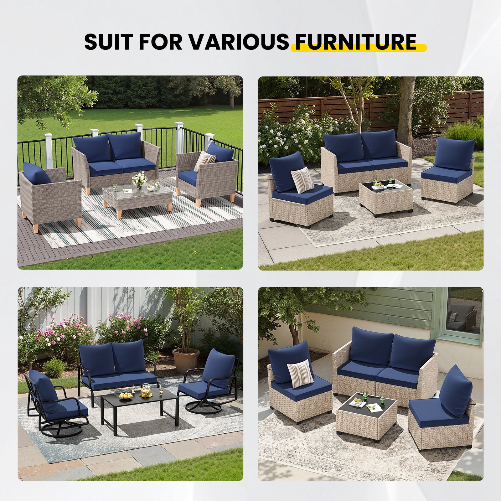 STARY Outdoor Deep Seat Cushions for Patio Furniture, 24"x24" Replacement Sectional Cushions for Outdoor Sofa, Armchair, 4 Pieces, Blue