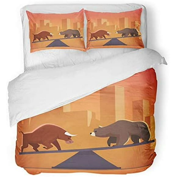 POGLIP 3 Piece Bedding Set Stock Market Bulls and Bears Battle Metaphor Exchange Trading with City Twin Size Duvet Cover with 2 Pillowcase for Home Bedding Room Decoration