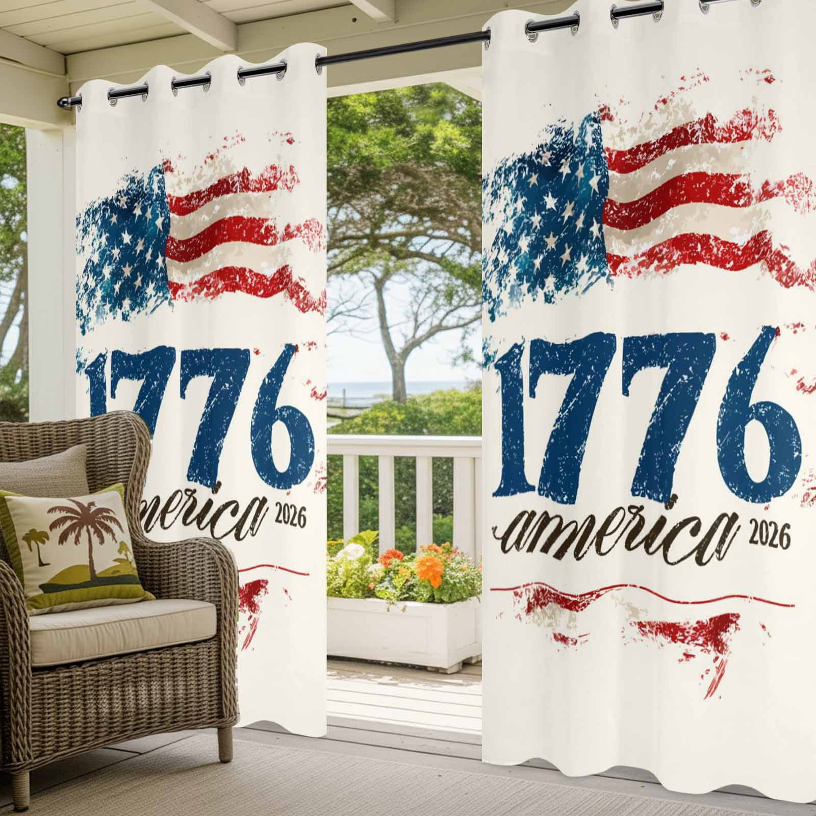Independence Day Outdoor Curtains for Patio, Vintage American Flag 1766-2026 Beige Background Sunshade Privacy Drapes Grommet Waterproof Outside Curtains for Porch/Cabana/Balcony 54"x 108", 1 Panel