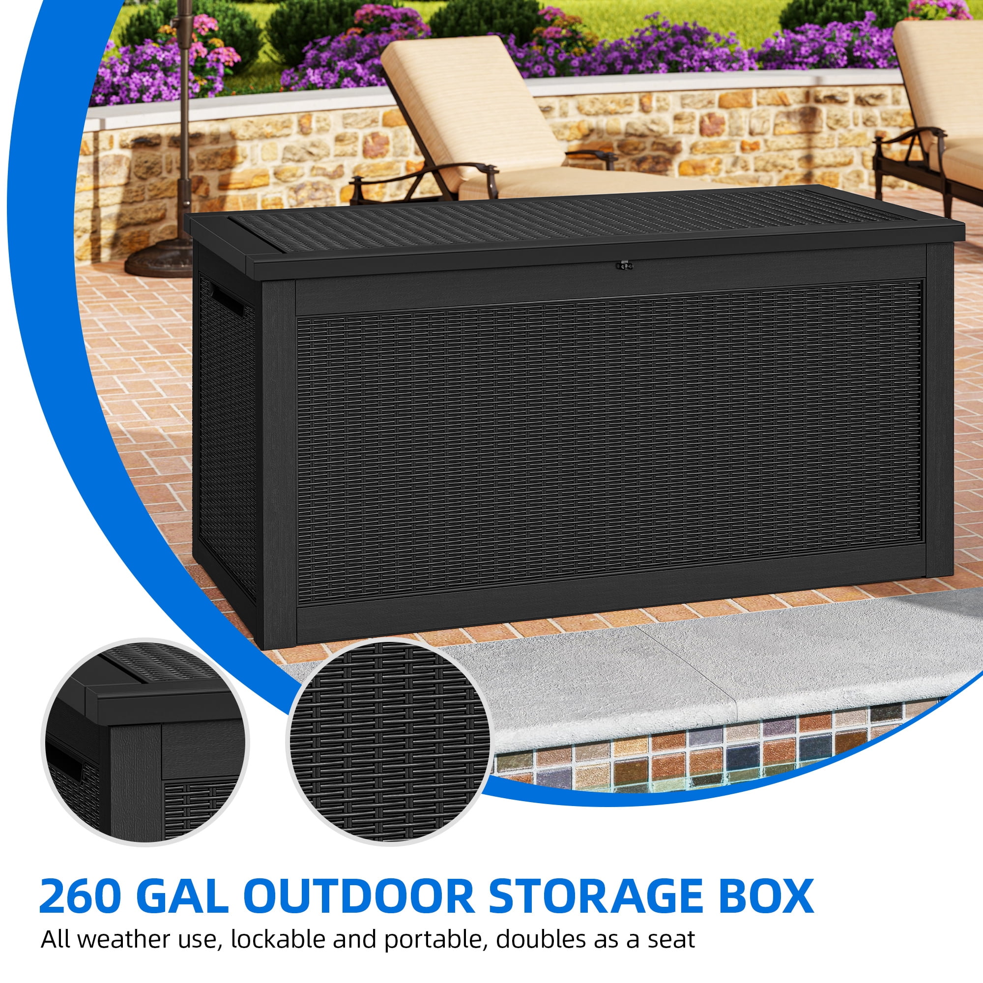 Dextrus 320 Gallon Large Outdoor Storage Box, Water Resistant Resin Deck Box, Lockable Indoor & Outdoor Organizer for Patio Cushions, Garden Tools and Outdoor Equipment, Black
