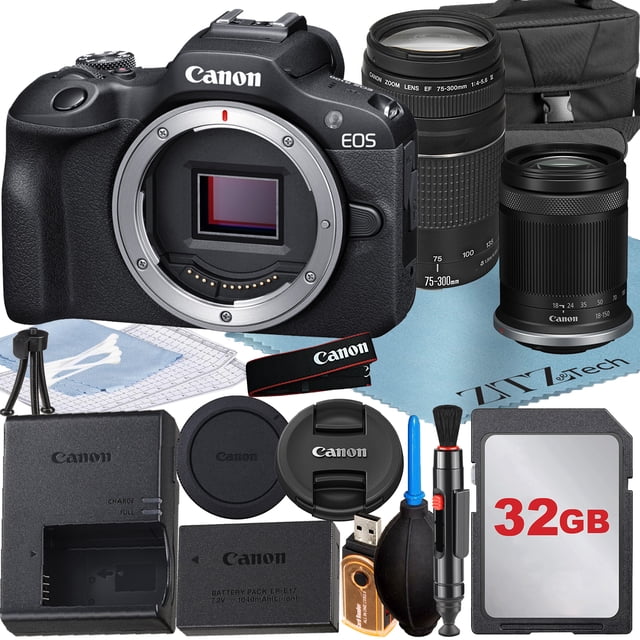 Canon EOS R100 Appareil Photo Sans Miroir avec Objectif RF-S 18-150mm + 75-300mm + Carte Mémoire SanDisk 32 Go + Étui + Ensemble d'Accessoires ZeeTech