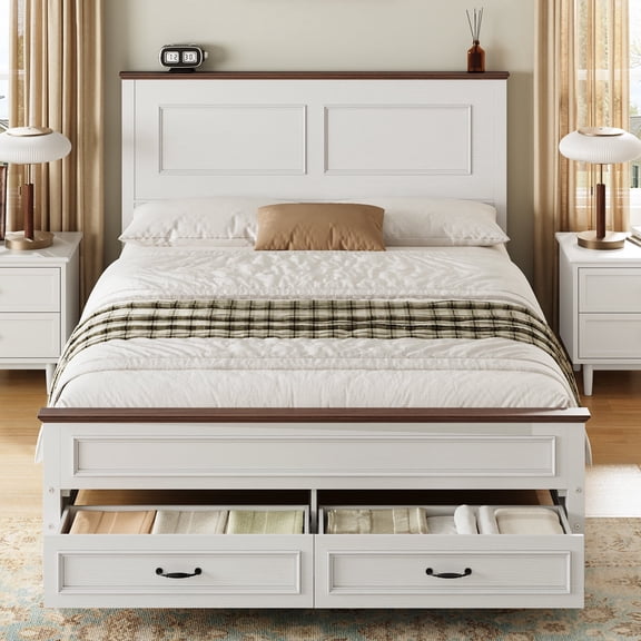 Wood Full Size Bed Frame with Storage Drawers, Farmhouse Full Bed Frame with Headboard & Wooden Slats Support, White