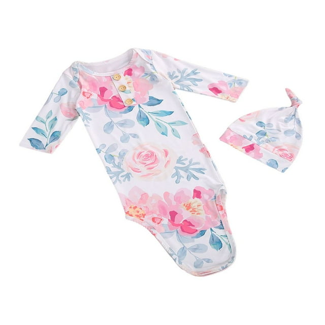 Ensemble de Sac de Couchage pour Bébé Grenouillère Nouveau-Né Manches Longues Col Ras du Cou Imprimé de Fleurs Bonnet de Couchage Langes Sac de Couchage