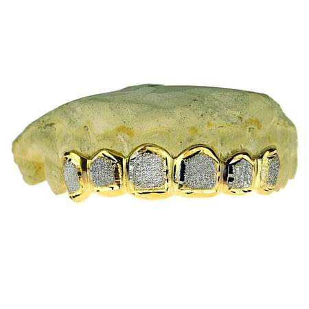 Custom Grillz Gold Plated Real 925 Sterling Silver Diamond Dust 6 Top Teeth 2 Tone Fitted Grills