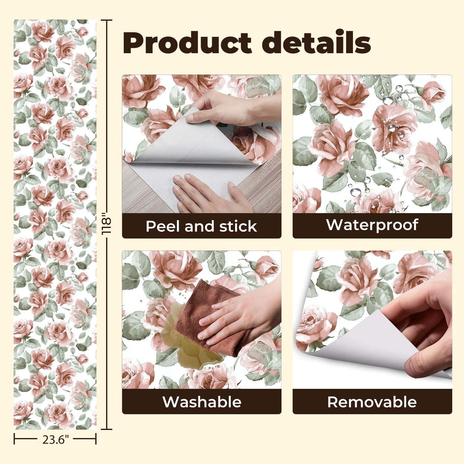 Peel and Stick Wallpaper 23.6in x 9.8ft Soft Pink Roses Green Leaves Floral Contact Paper Vinyl Self-Adhesive Removable Wall Paper for Bedroom DIY Home Decor Renter Friendly