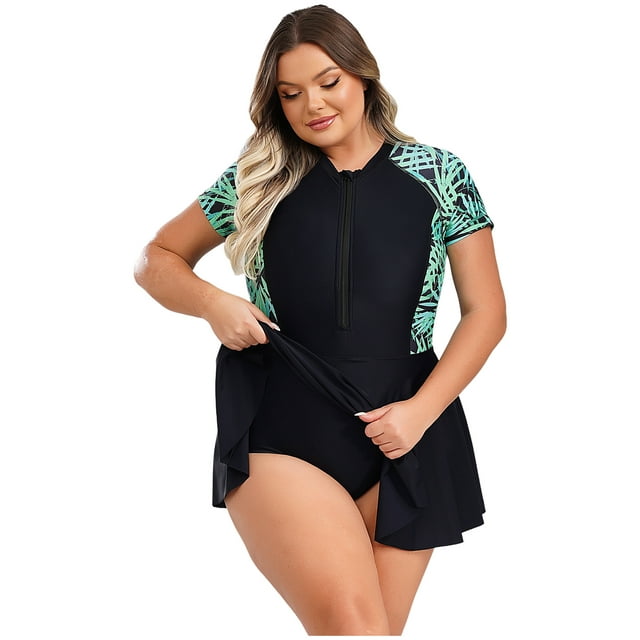 JanJean Robe de Bain pour Femmes Grande Taille Maillot de Bain une Pièce Manches Courtes Maillot de Bain à Fermeture à Glissière Maillot de Bain Modeste Feuilles Noires 3TG