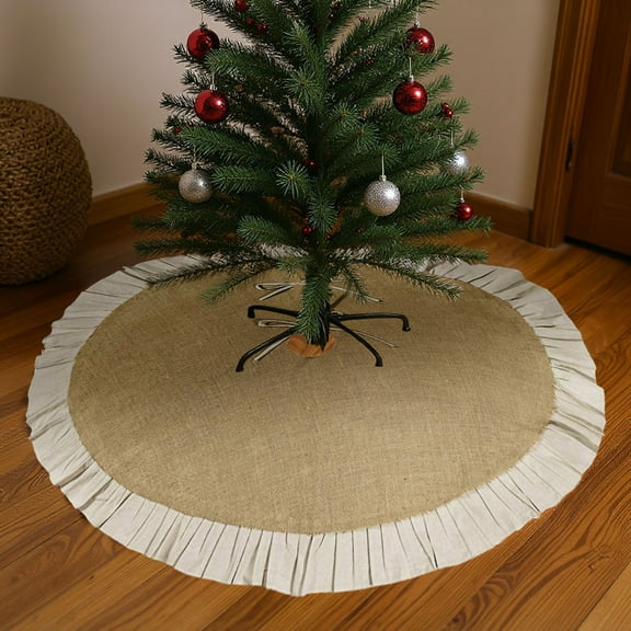 47.2" Burlap Fall Christmas Tree Skirt with Ruffle Border, Beach Farmhouse Tree Skirt Linen Rustic Tree Ornaments for Christmas Thanksgiving Holiday Party Decorations