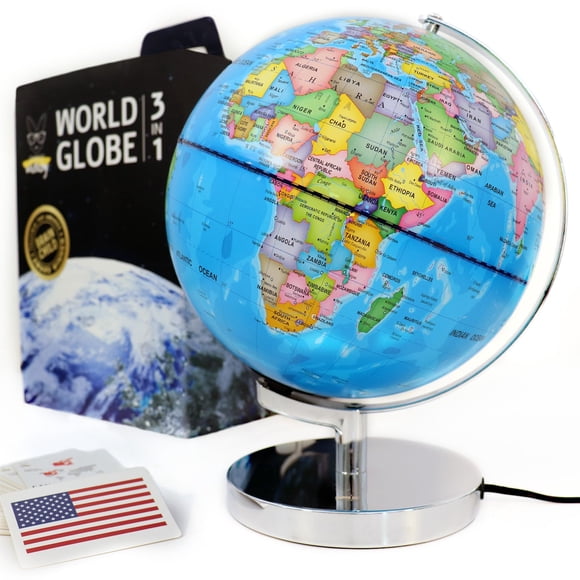 SMART WALLABY 9" Illuminated Educational Kids World Globe + STEM Flags & Countries Interactive Card Game. 3 in 1 Children Desktop Spinning Earth Political & Constellatio