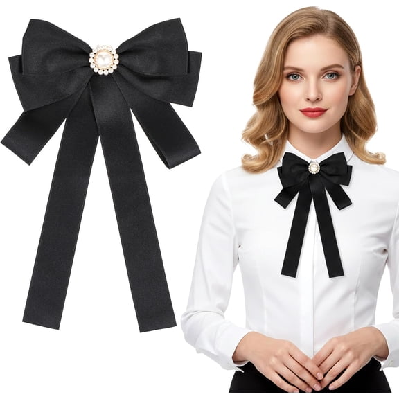 Elegant Black Bow Ties for Women, Pre-tied Bow Brooch Black Bowtie with Pearl Ribbon Brooch Neck Tie for Uniform Shirt Wedding Party Ceremony Prom Accessories