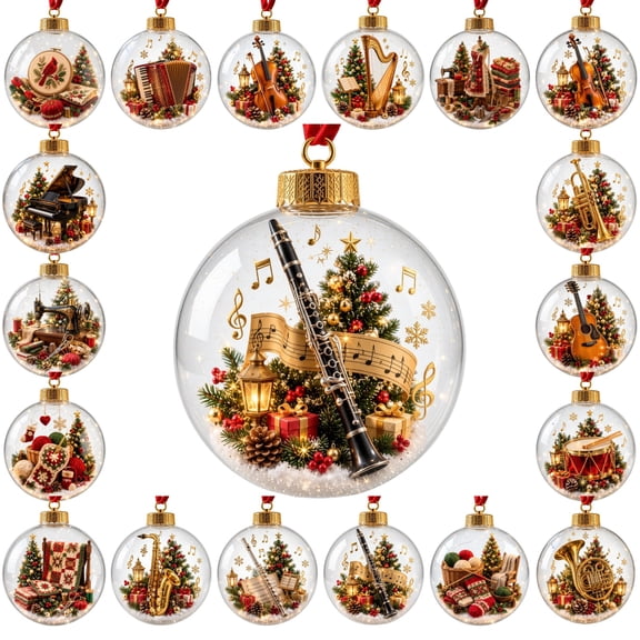 Clear Christmas Ball Ornament Musical Instrument Mini Winter Scene Glowing LED Hanging Bauble Festive Holiday Keepsake Decoration Gift for Xmas Tree Home Party