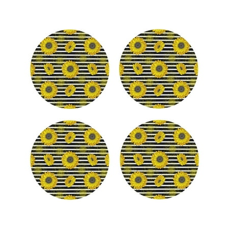 

Matuu Sunflowers On Black And White Stripes for Cup Coasters Set of 4 Leather Coasters Desk Coasters for Office Measures 4” x 4”-Round Shape