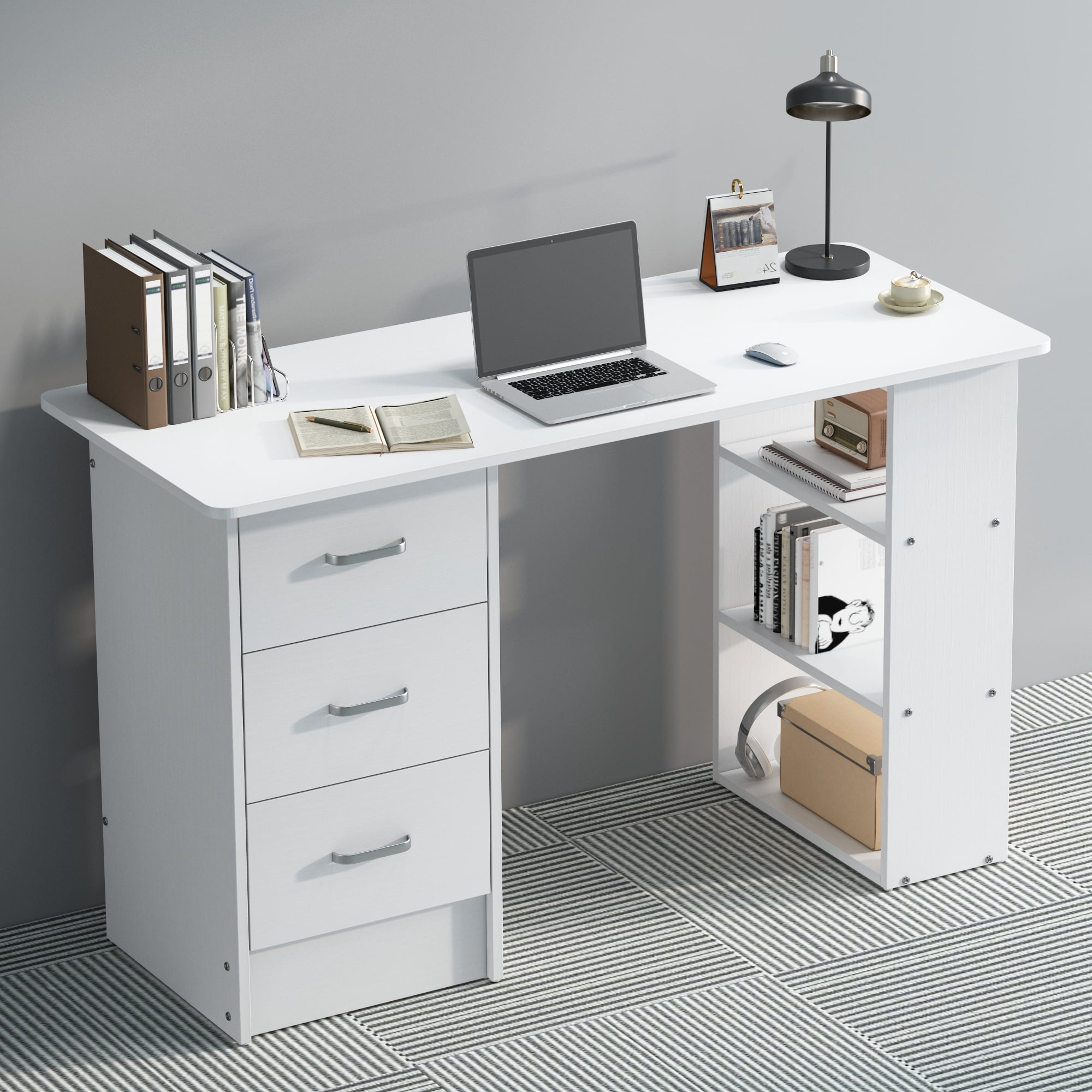 Chnnmbrn Computer Desk With Drawers,Standing Dressing Desk With Storage Racks,Writing Desk for Home Office , Bedroom,Black