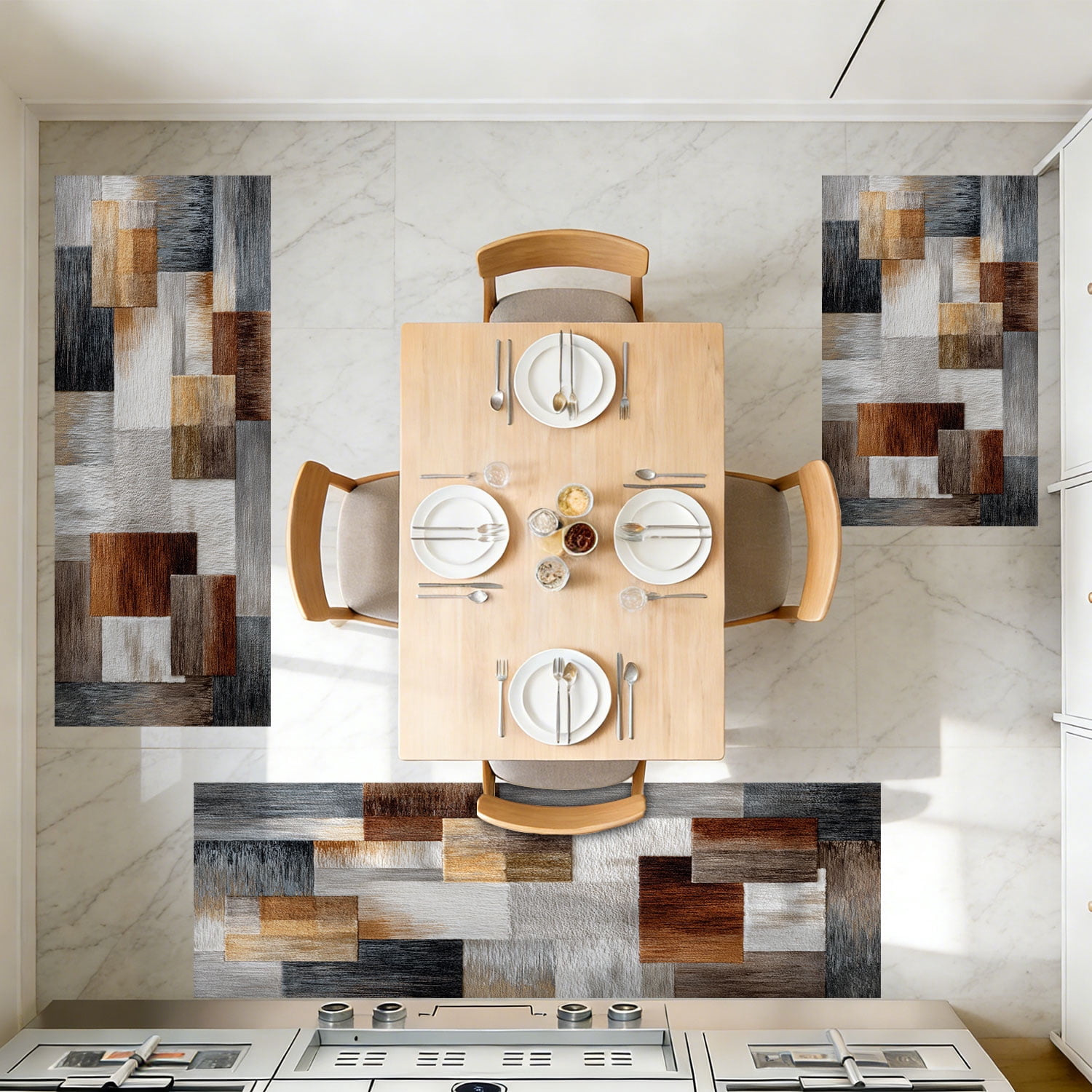 3 Piece Kitchen Rug Set, Non-Slip And Washable, Abstract Pattern Kitchen Hallway Rug, Soft And Comfortable, Suitable For Sinks, Floors, Entrances, Hallways and Bathrooms