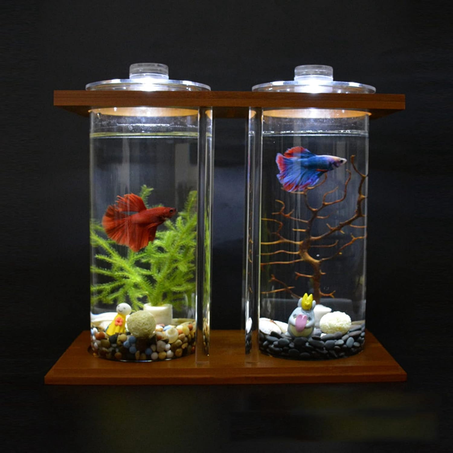 Acrylic Mini Fish Tank,Creative Wood Desktop Mini Aquarium Tank Bowl with LED Light for Goldfish Betta Small Fish Aquarium Small Fish Tank Office Business Home Decor