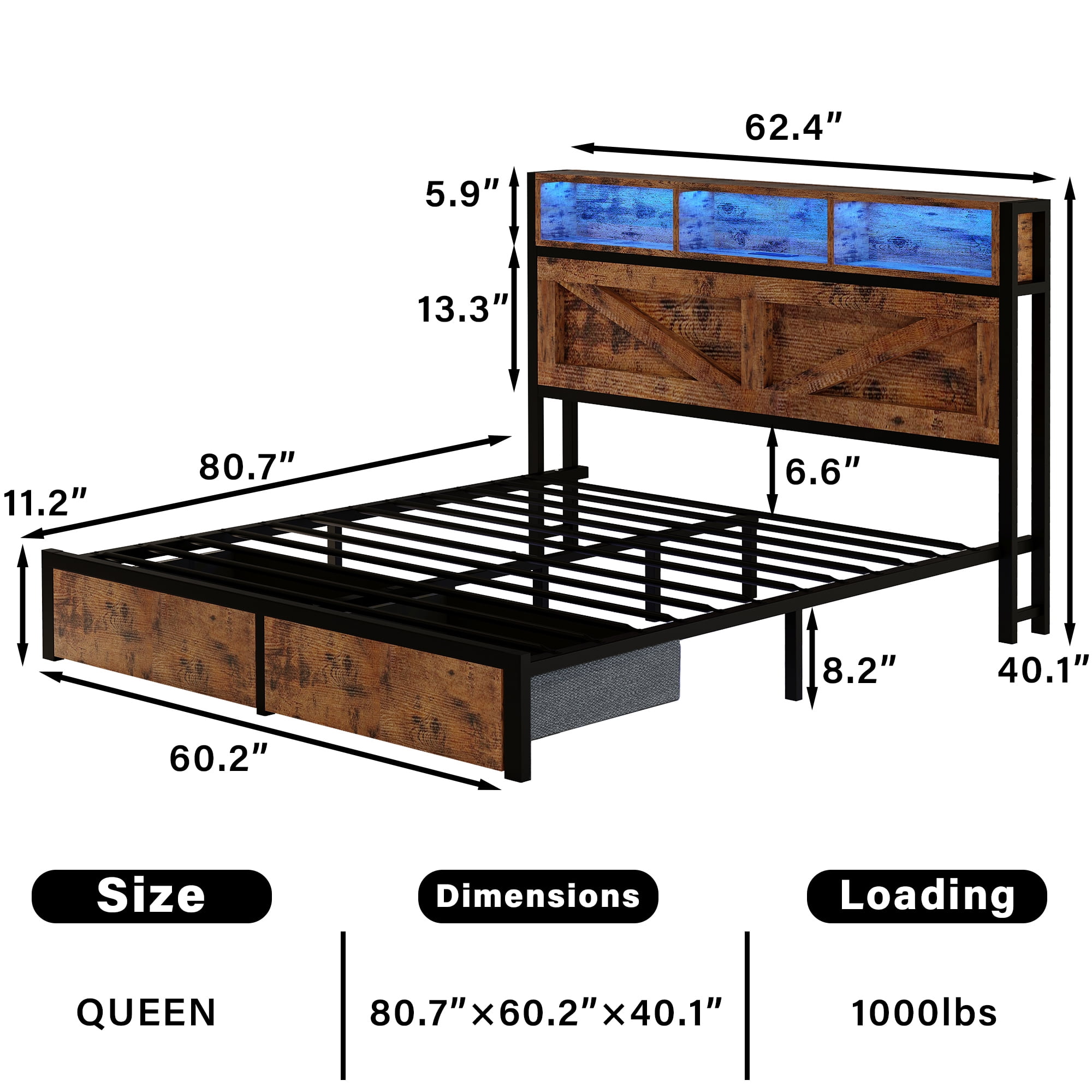 NHIXSOM Farmhouse Queen Bed Frame with LED Headboard, Charging Station and Storage Drawers, Farmhouse Style, Easy Assembly, Brown