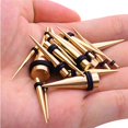 thumbnail image 5 of Kit de 36 medidores para estiramiento del lóbulo de la oreja (tono dorado) – Tapones de túnel con ajuste de tornillo de llamarada único, conos expansores, joyería corporal de acero quirúrgico, 5 of 5