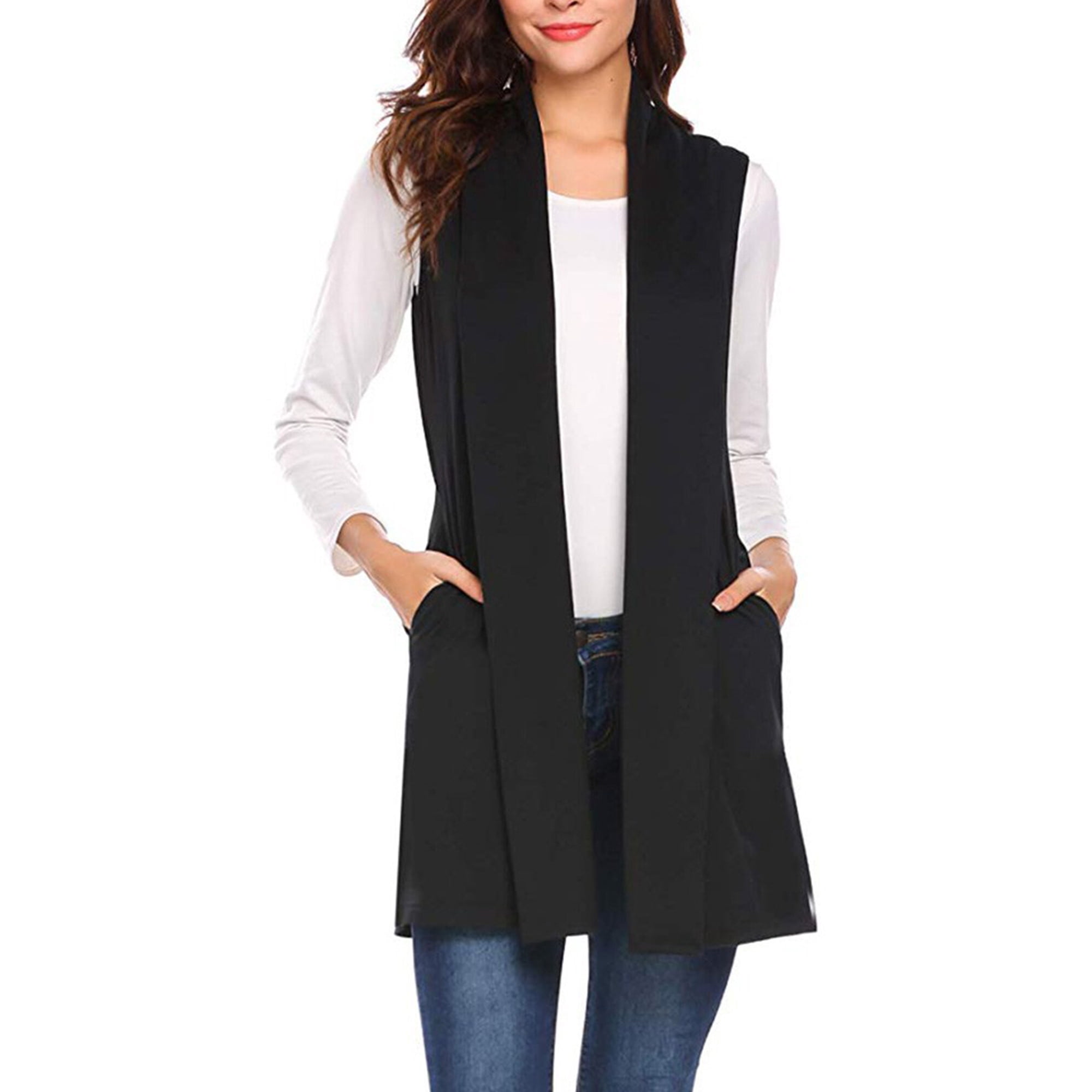Solid Color Casual Loose Sleeveless Cardigan Front Long Vest Thin Fashion Coat Tops Elastic Polyester Vests Clothing Fashion Outerwear Black S Walmart
