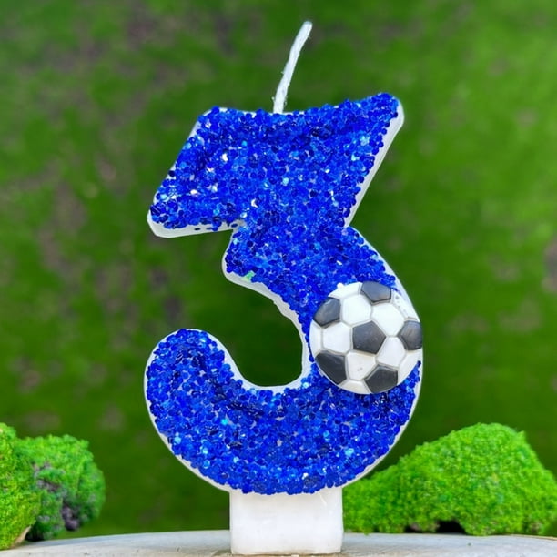 Vela de cumpleaños con flores artificiales de fútbol, decoración para tarta de fútbol de 9.º cumpleaños, velas de nueve años con purpurina azul y número 9 para cupcakes, decoración para fiestas de cum