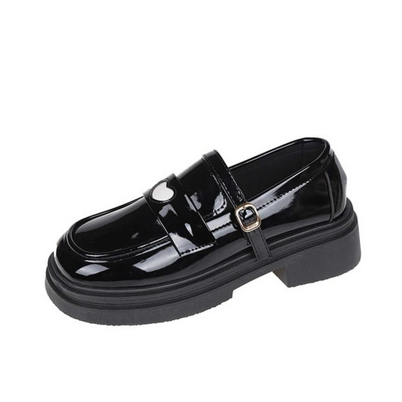Xfvqtps Ladys Platform Penny Loafers Shoes Patent Leather White Love Buckle Chunky Heel Round Toe Soft Sole British Classic Retro Leather Shoes Black